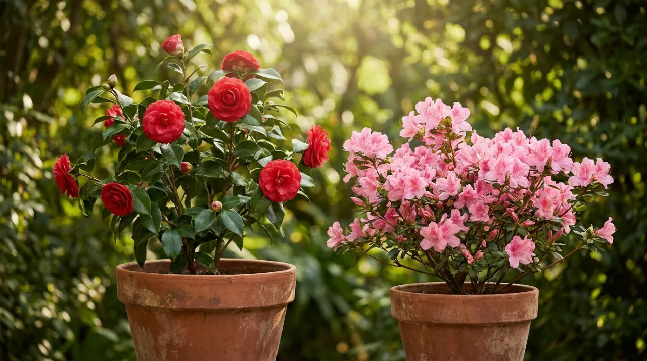 Camelia e azalea in fiore in vaso, in ombra luminosa