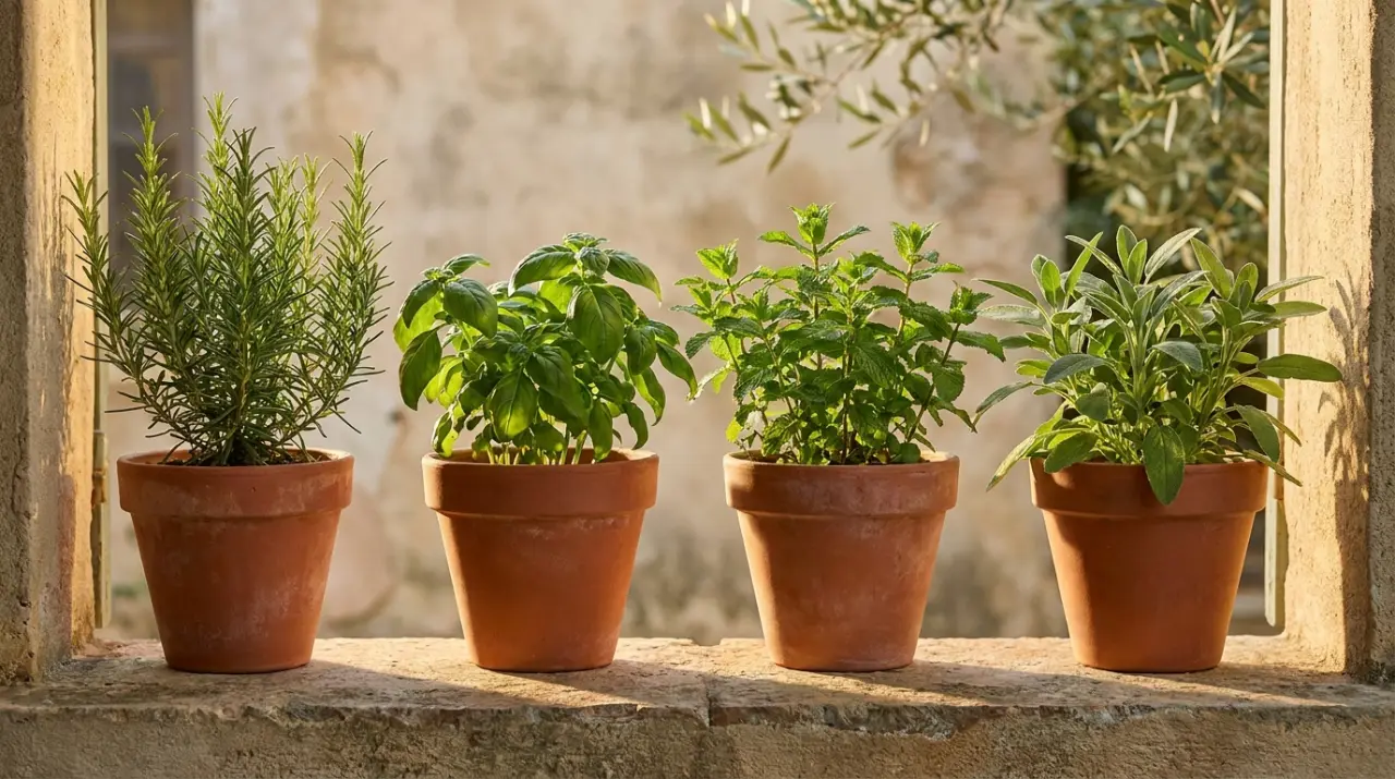 Erbe aromatiche in vasi di terracotta: rosmarino, basilico, menta e salvia