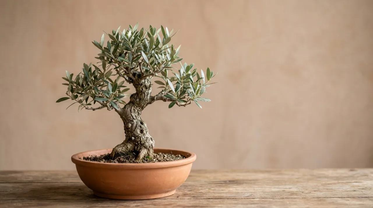 Bonsai di olivo in una ciotola di ceramica su un tavolo di legno