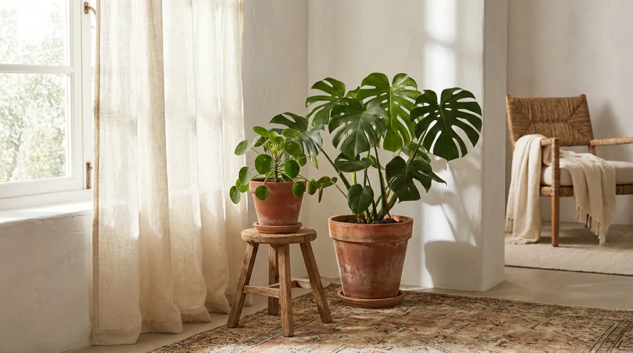 Angolo luminoso di una casa con una Monstera e una Pilea in vasi di terracotta