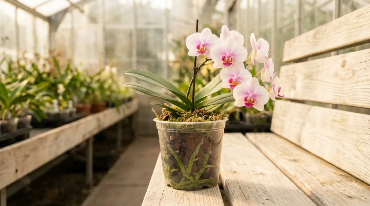 Orchidea Phalaenopsis in fiore in un vaso trasparente, su un bancone di legno