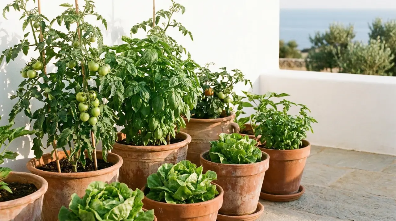 Piccolo orto in vaso: pomodori, basilico e insalata in vasi grandi