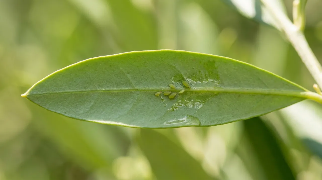Foglia verde con la melata appiccicosa e piccoli segni lasciati dagli afidi