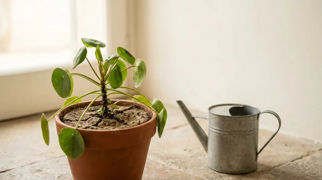 Pianta in vaso con la terra asciutta, accanto a un annaffiatoio