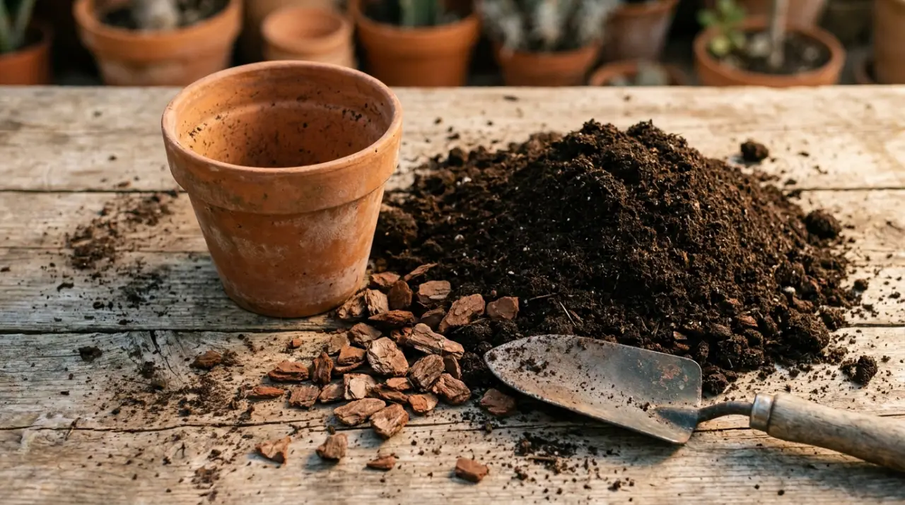 Vaso di terracotta vuoto, terriccio fresco e paletta su un bancone: tutto pronto per il rinvaso