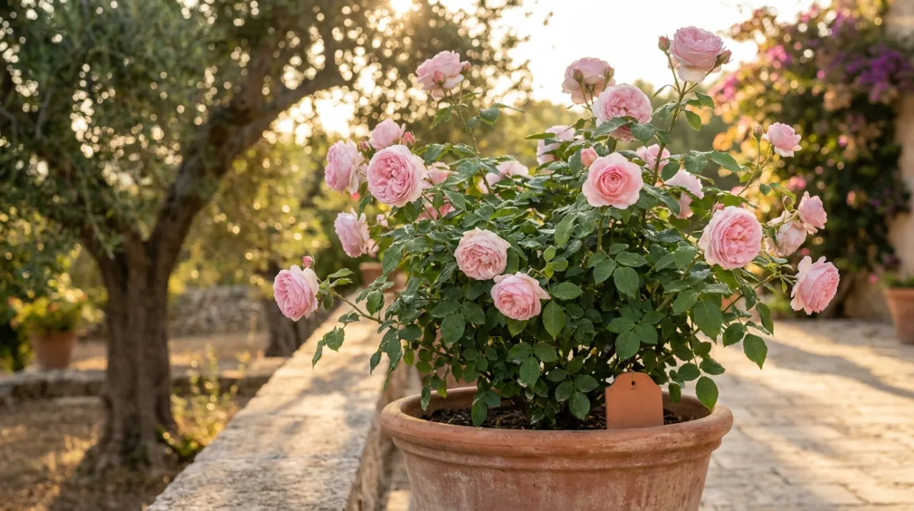 Rosa da giardino rosa in fiore in vaso su un terrazzo assolato