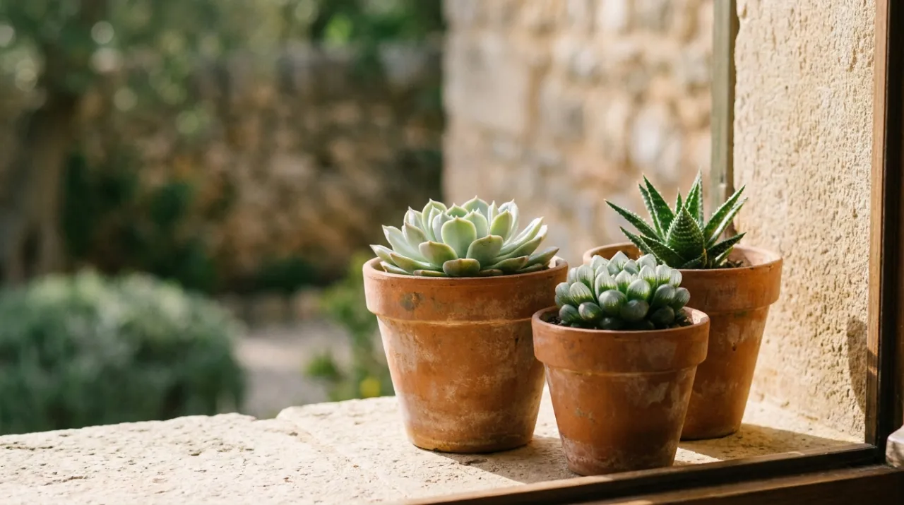 Piante grasse in piccoli vasi di terracotta su un davanzale al sole