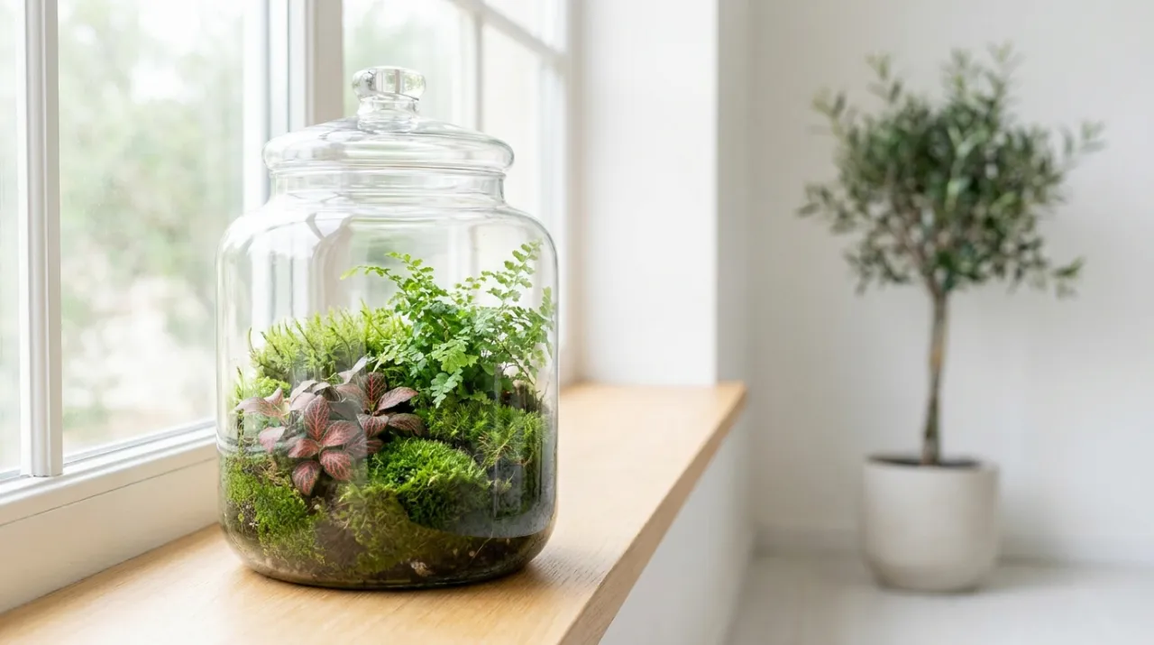 Terrario in vetro con muschio, felci e piccole piante tropicali