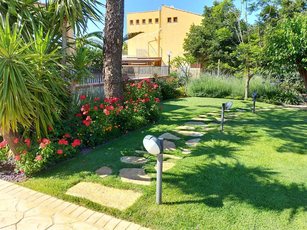 Prato, bordura di rose e illuminazione da giardino dopo la manutenzione