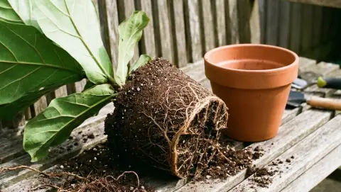 Una pianta sollevata dal vaso con tutte le radici, accanto a un vaso di terracotta vuoto